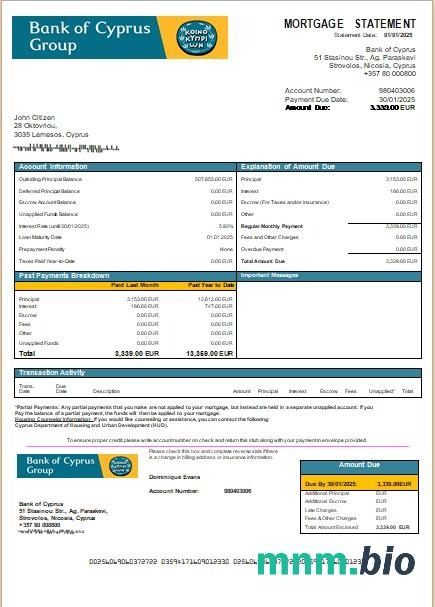 Cypr Bank of Cyprus wyciąg z kredytu hipotecznego szablon Word i PDF